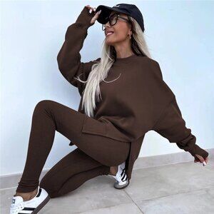 Women Solid Color 2- piece Neck Slit Sweatshirt and Skinny Pants Set